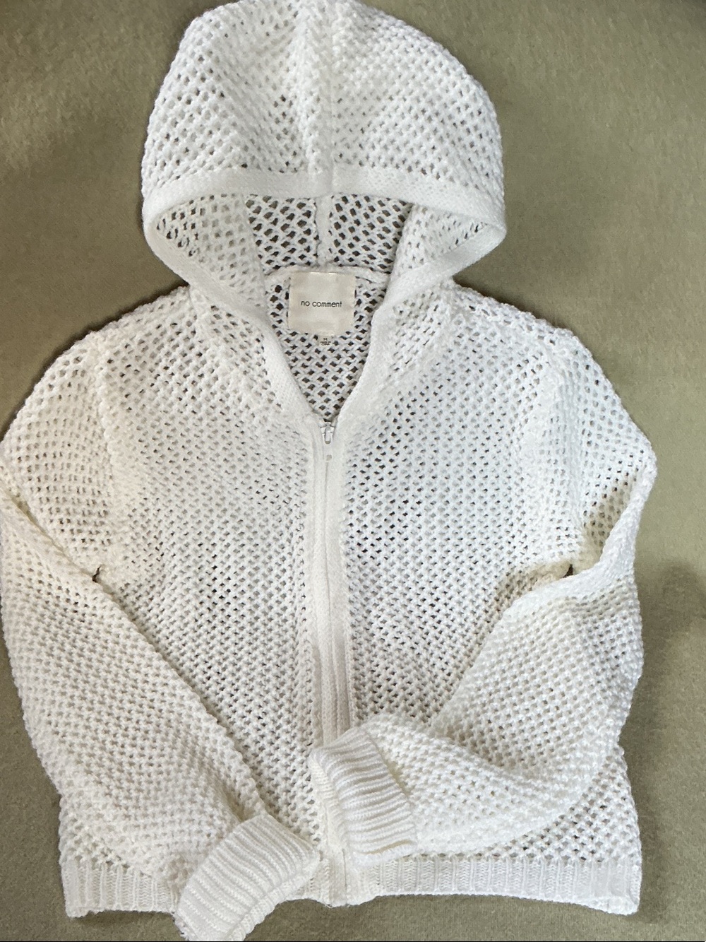 No Comment White Open-Knit Hooded Zip Cardigan